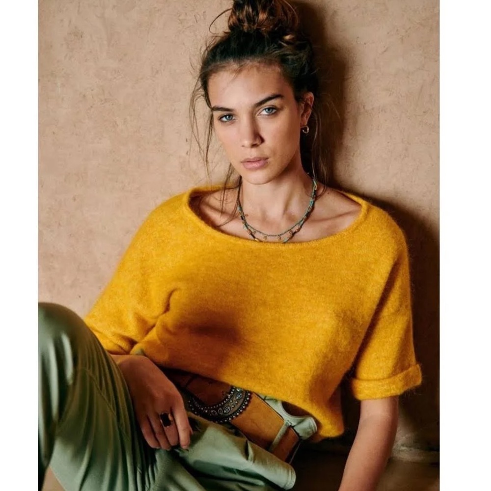Sezane Mustard Yellow Fuzzy Boatneck Sweater